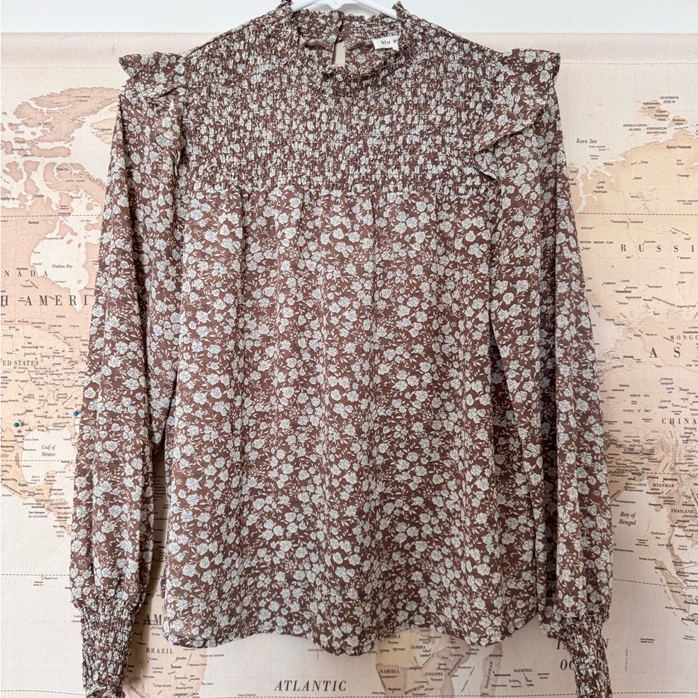 Blu Pepper Brown Ruffled Mandarin Collar Blouse